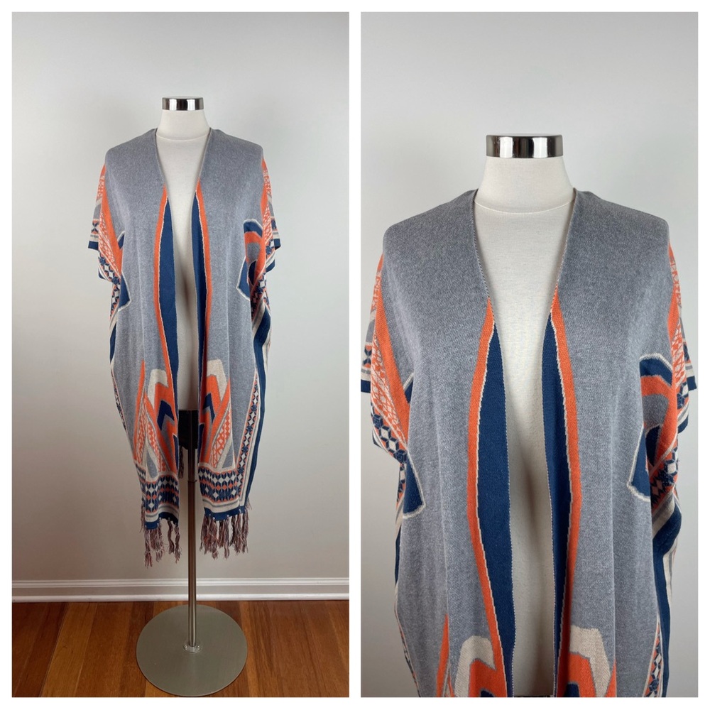 Peach Puff Orange Blue Gray Geometric Aztec Fringe Duster Sweater Women Boho